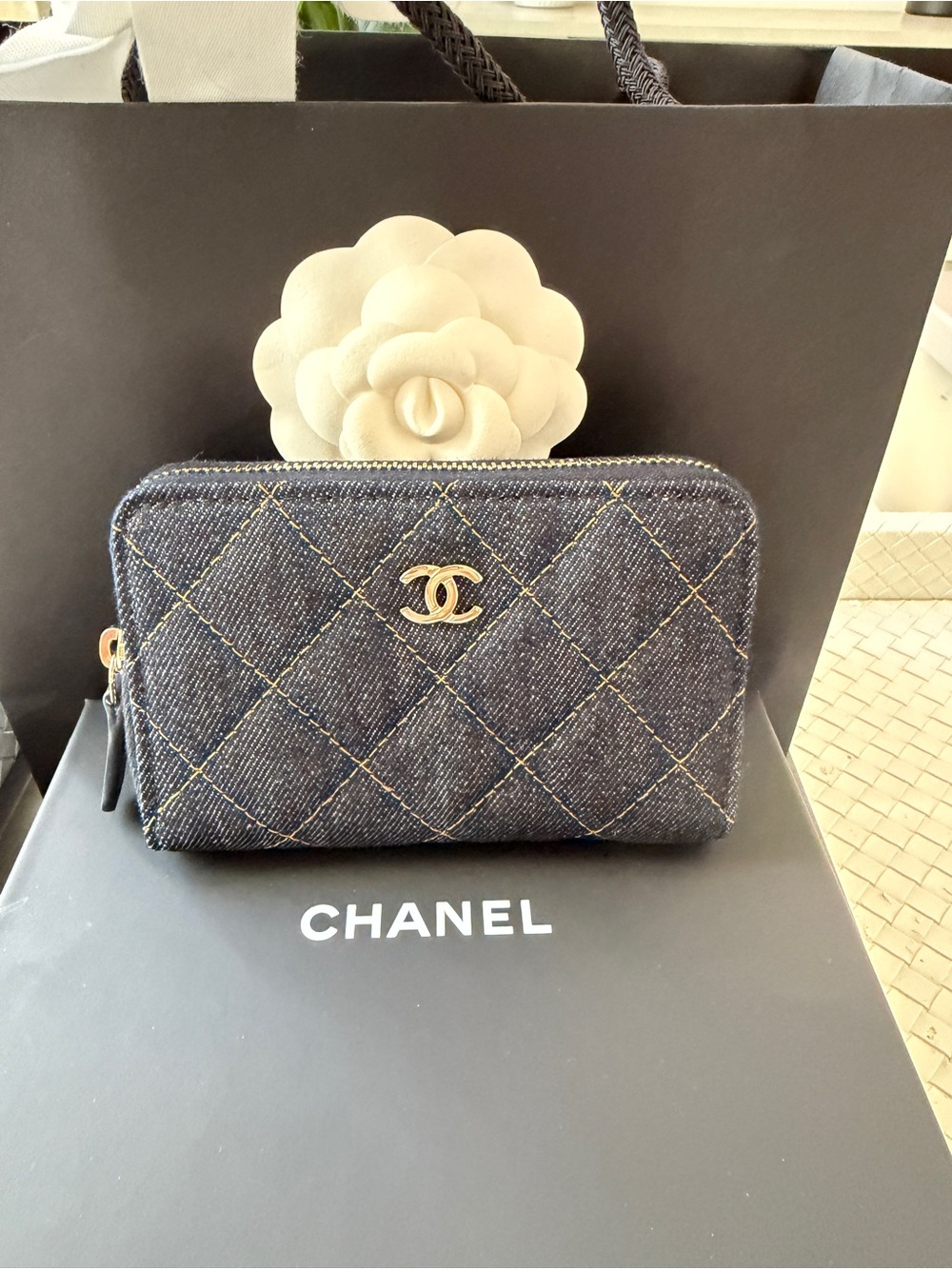 Chanel 26P Classic Zipped Zip Coin Purse Denim Dark Blue Orange mJean Wallet NWT - Picture 4 of 17